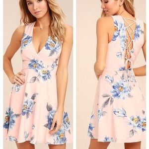 Lulus Garden Walk Blush Pink Floral Print Lace-Up Skater Mini Dress size L